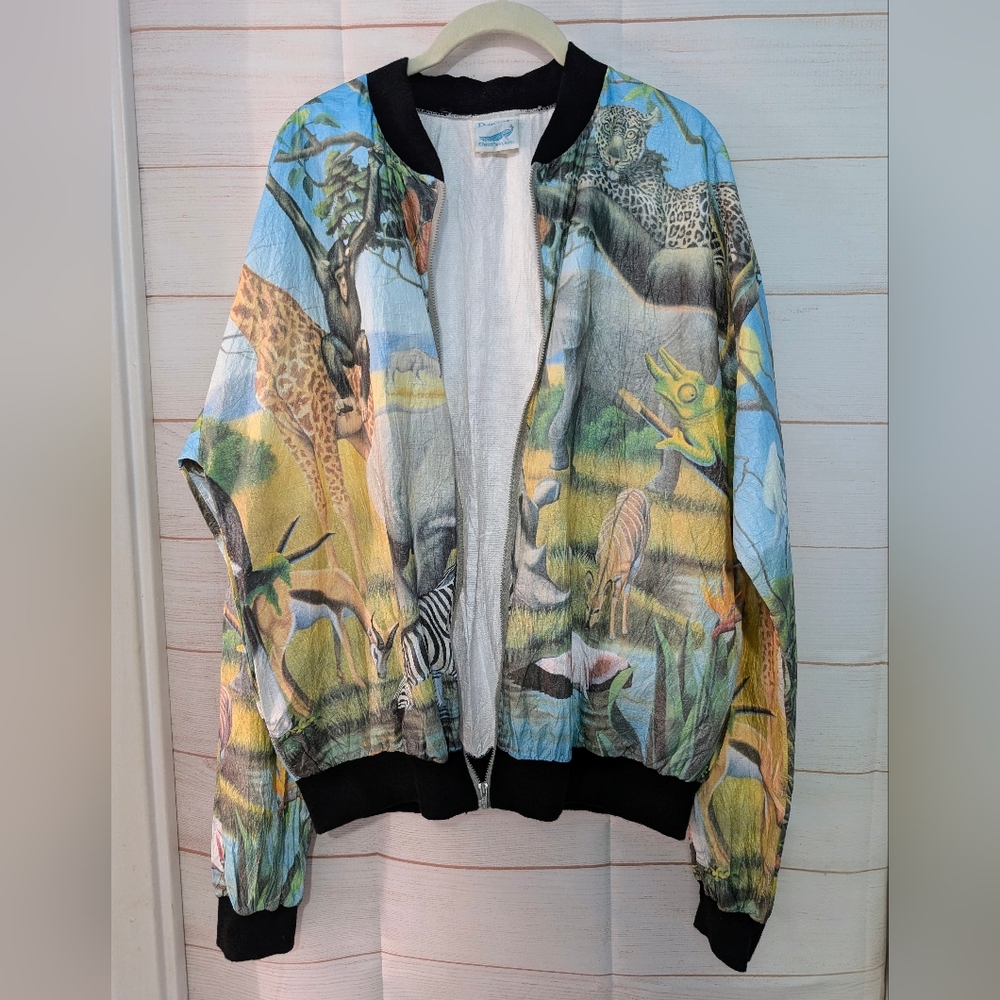 VINTAGE RARE Colorful Animal Print Bomber Jacket Size Large - Picture 2 of 13